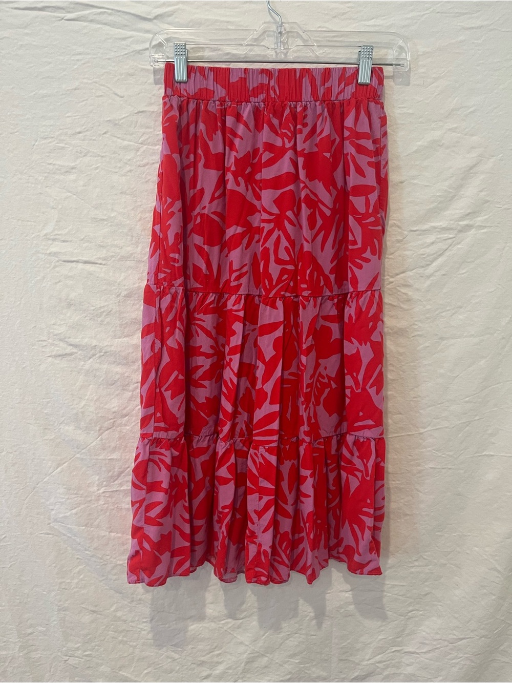 LOFT Red and Pink Floral Tiered Midi Skirt